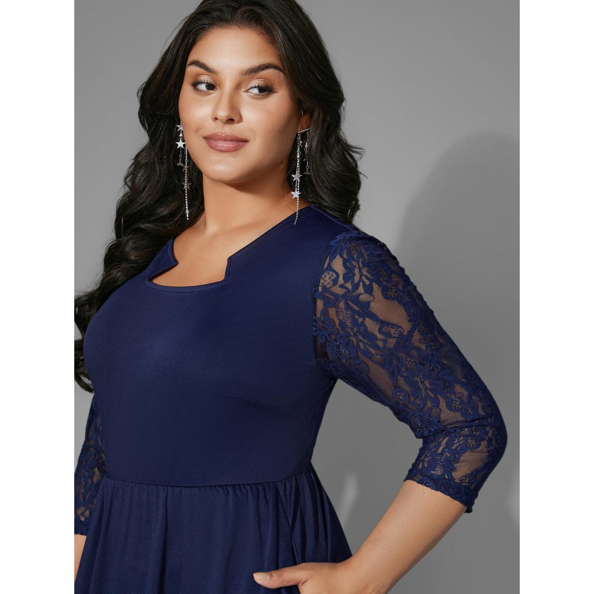Plus Size Asymmetrical Neck Lace Patchwork Mesh Dress Navy Women Cocktail Woven ribbon&lace trim Party Curvy Bloomchic 18-20/2X Product Image