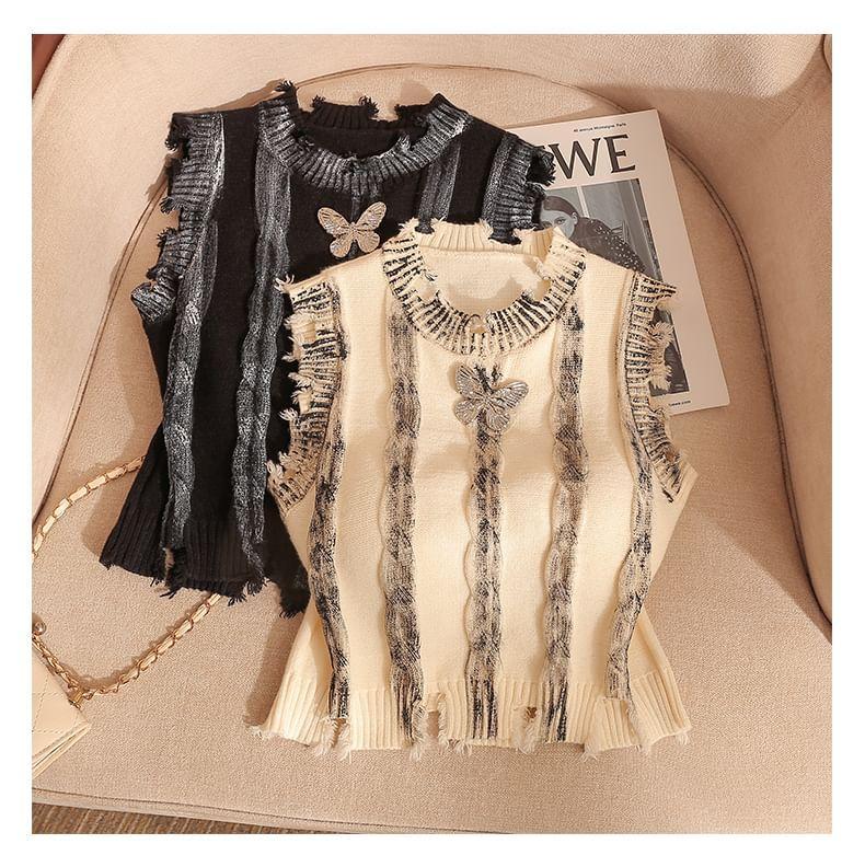 Round Neck Butterfly Detail Distressed Crop Sweater Vest Product Image