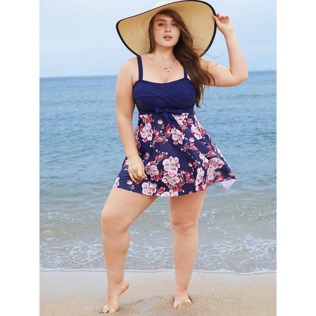 Plus Size Floral Print Knotted Twist Front A Line Swim Dress Women's Swimwear Indigo Vacation Bodycon High stretch Curve Swim Dresses BloomChic 12/L Product Image