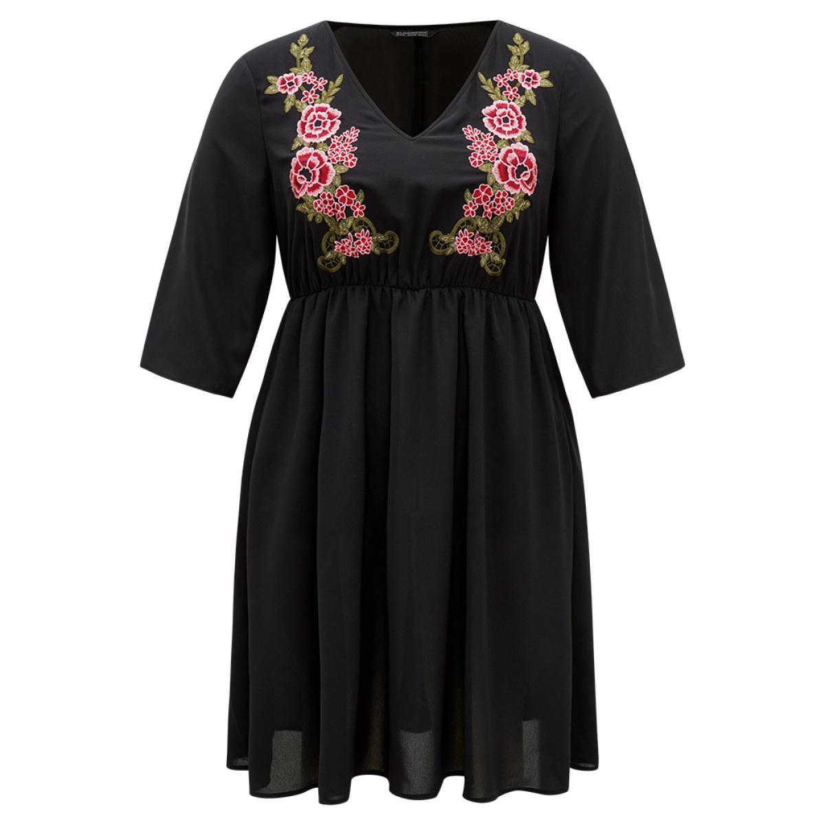 Plus Size Floral Embroidered Pocket V Neck Dress Black Women Vacation Embroidered V-neck Elbow-length sleeve Curvy Midi Dress BloomChic 10/M Product Image