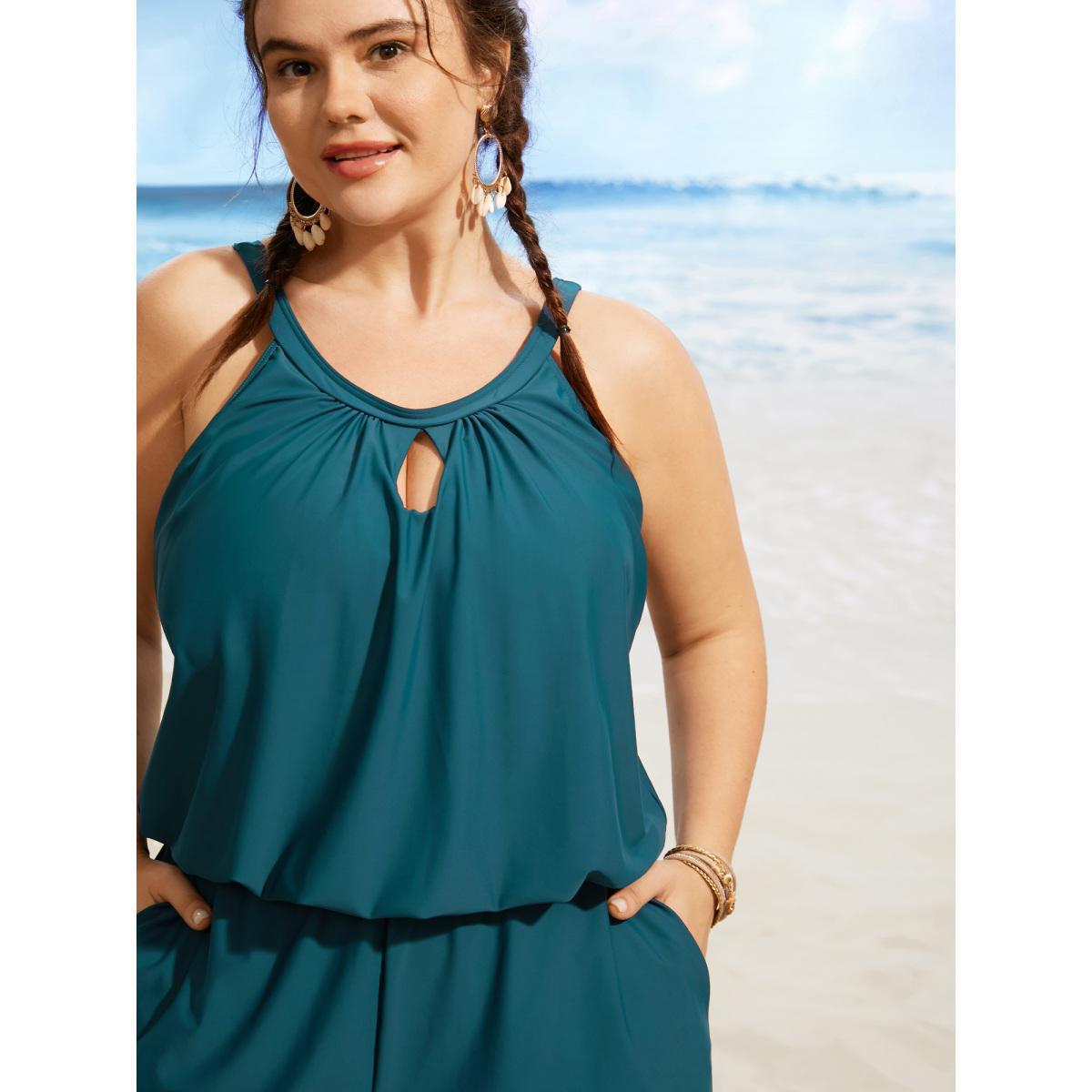 Plus Size Solid Keyhole Elastic Waist Gathered One Piece Swimsuit Women's Swimwear Teal Beach Gathered Curve Bathing Suits High stretch One Pieces BloomChic 28/5X Product Image