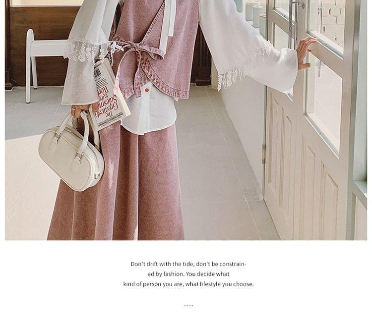 Set: Long Sleeve Collared Plain Bow Panel Blouse + V-Neck Washed Tie Front Wrap Denim Vest + High Rise Maxi A-Line Skirt Product Image