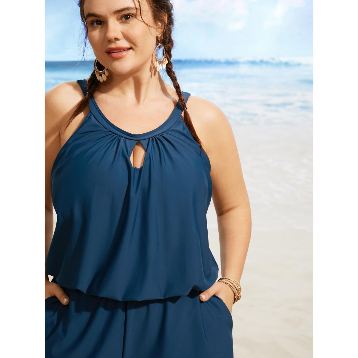 Plus Size Solid Keyhole Elastic Waist Gathered One Piece Swimsuit Women's Swimwear Indigo Beach Gathered Curve Bathing Suits High stretch One Pieces BloomChic 14-16/1X Product Image