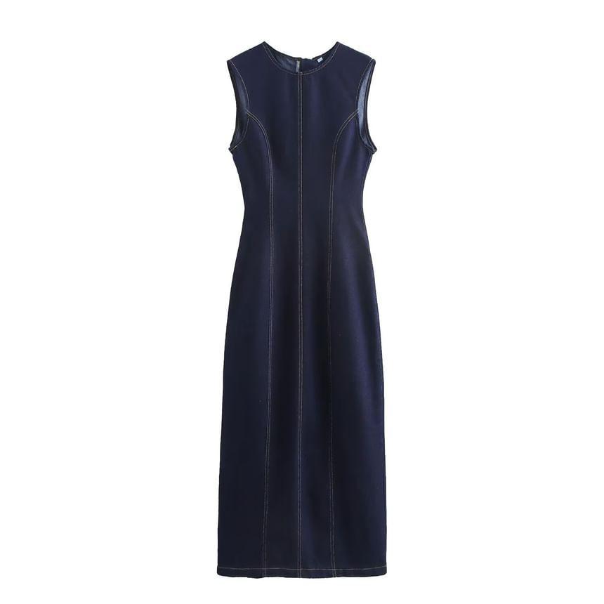 Sleeveless Round Neck Contrast Stitching Denim Midi Sheath Dress Product Image