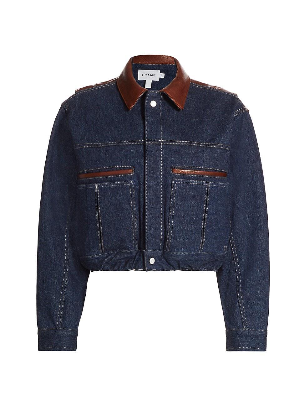 Womens Denim Leather-Accented Trucker Jacket Product Image