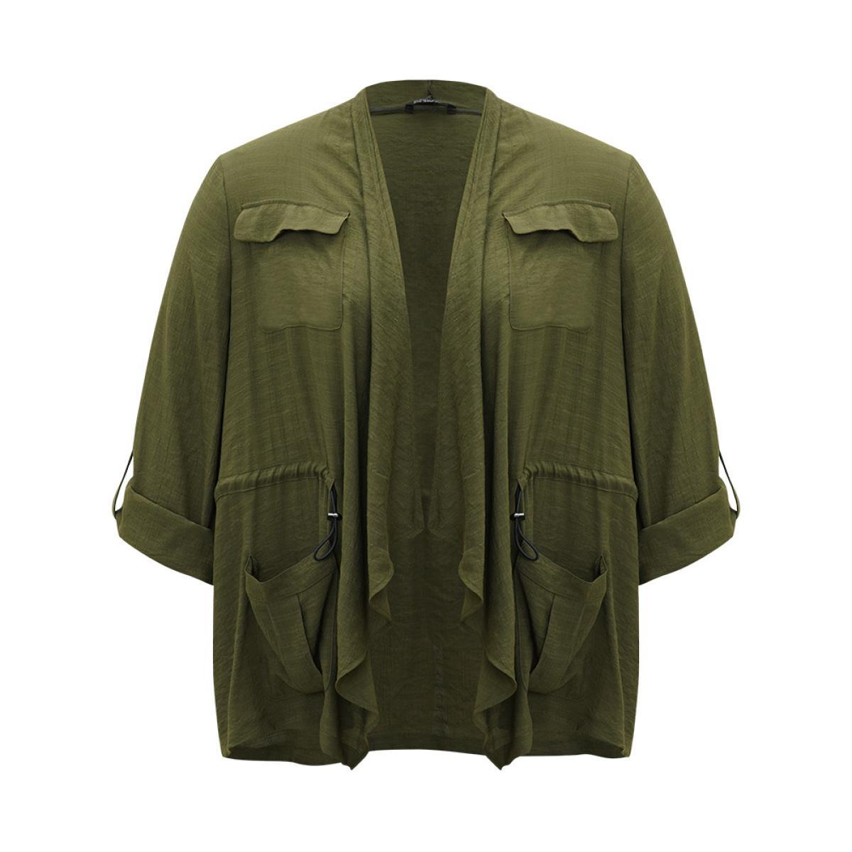 Plus Size Supersoft Essentials Plain Pocket Asymmetrical Drawstring Coat Women ArmyGreen Plain Pocket Dailywear Jackets BloomChic 14-16/1X Product Image