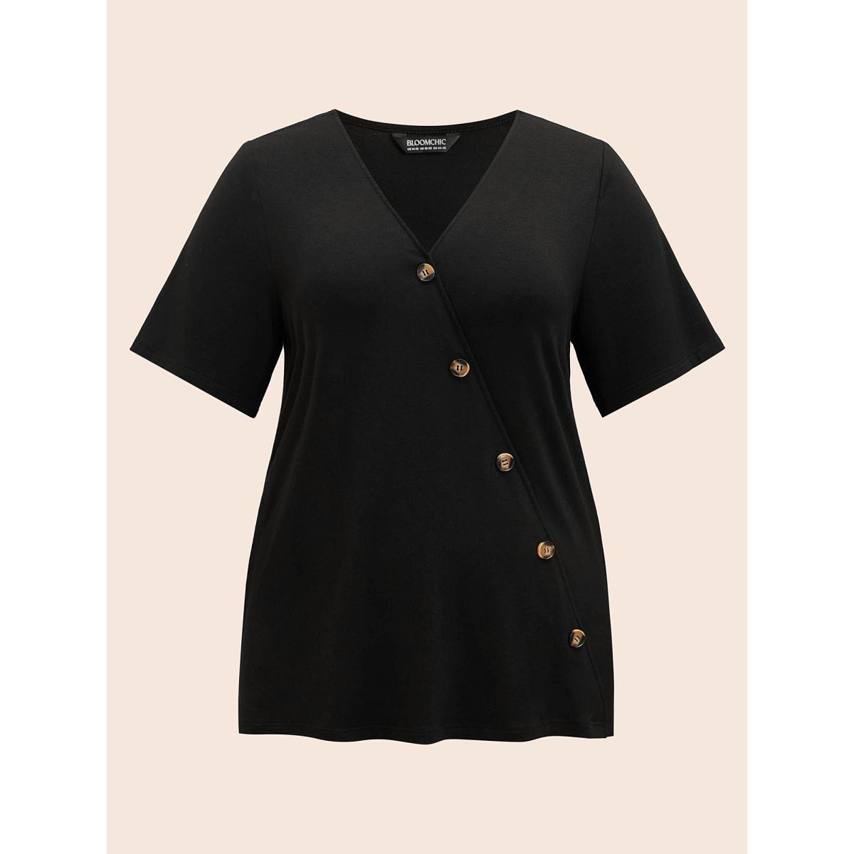 Plus Size Plain V Neck Button Detail Flutter Sleeve T-shirt Black Women Casual Plain Plain V-neck Dailywear T-shirts BloomChic 22-24/3X Product Image