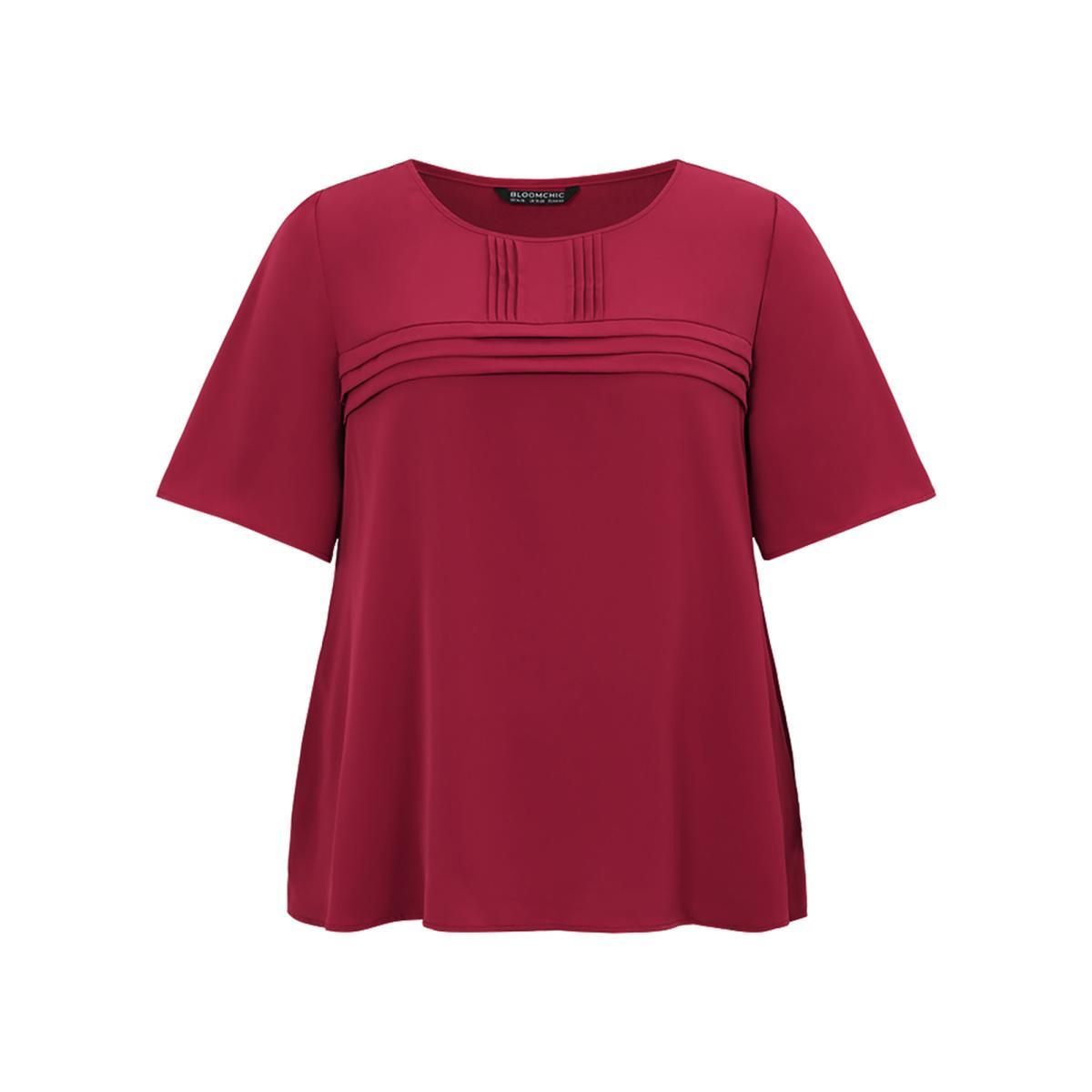Plus Size RedViolet Plain Gathered Ruffle Trim Puff Sleeve Blouse Women Office Short sleeve Round Neck Work Blouses BloomChic 14-16/1X Product Image