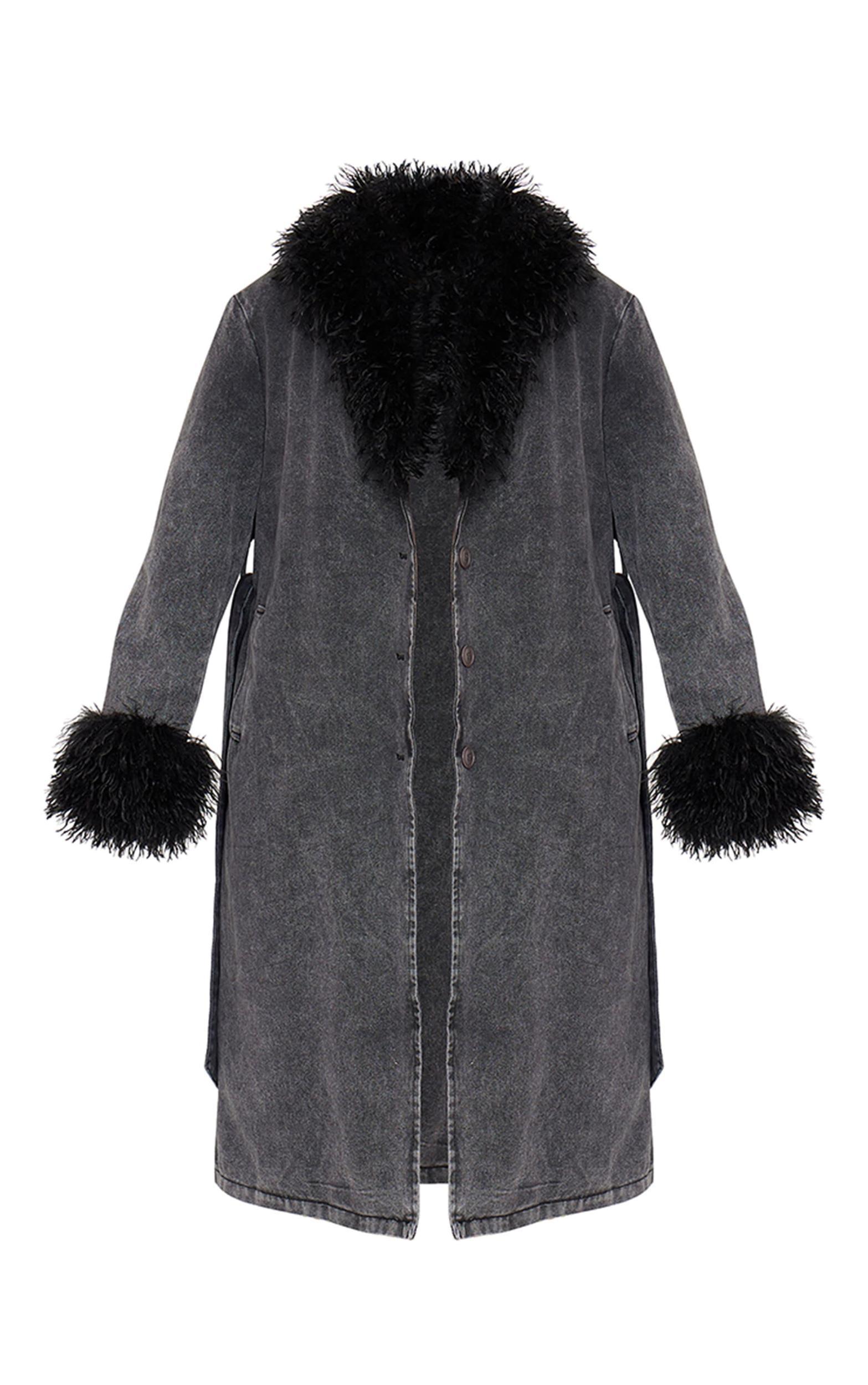 Washed Grey Faux Fur Trim Belted Trench Coat Product Image