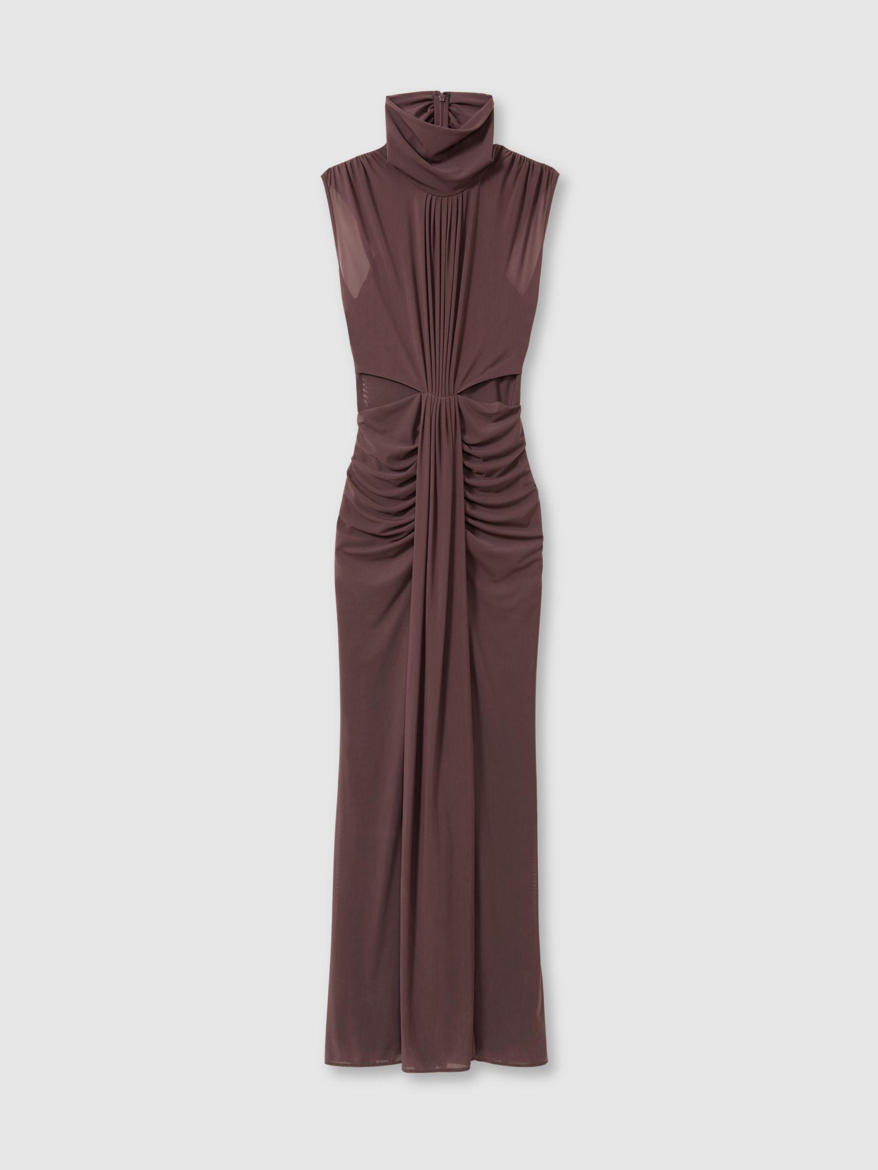 Sheer Ruched Maxi Dress in Taupe Product Image