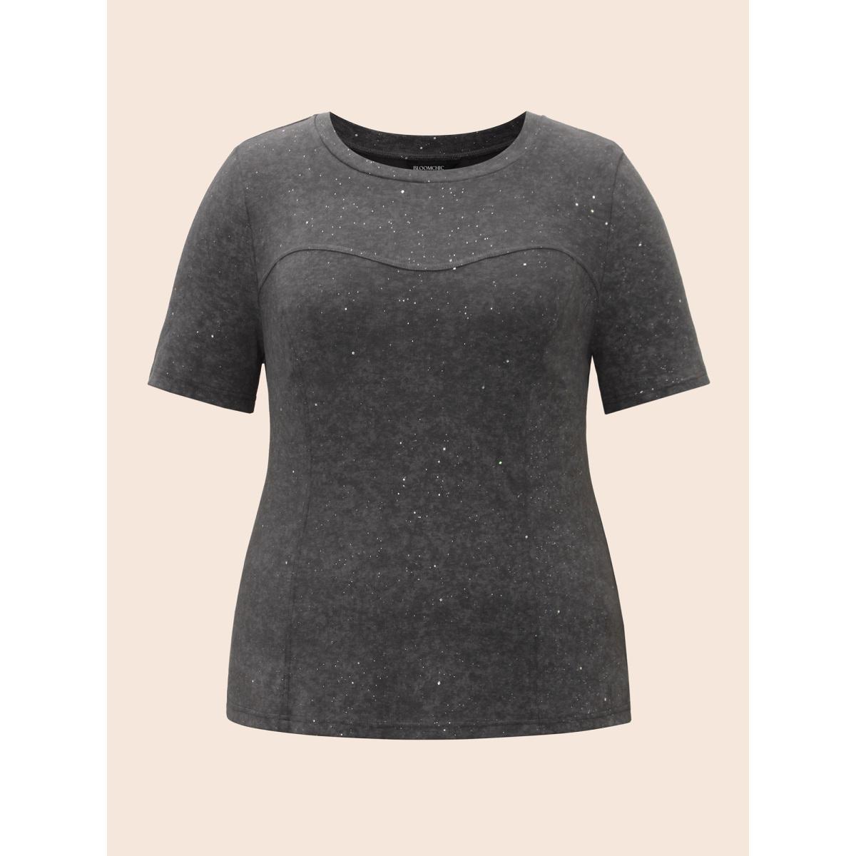 Plus Size Gleaming Textured Sequin Slim-Fit T-shirt Acidwashblack Women Casual Non Round Neck Everyday T-shirts BloomChic 12/L Product Image