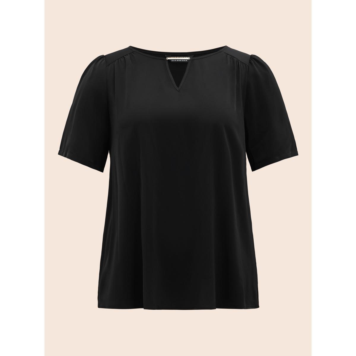 Plus Size Black Anti-Wrinkle Plain Metal Detail Keyhole Neck Blouse Women Office Short sleeve V-neck Work Blouses BloomChic 26/4X Product Image