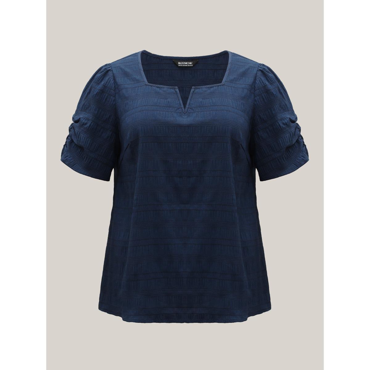 Plus Size DarkGreen Textured Gathered Sleeve Split Neck Blouse Women Short sleeve Asymmetrical Neck Work Blouses BloomChic 28/5X Product Image