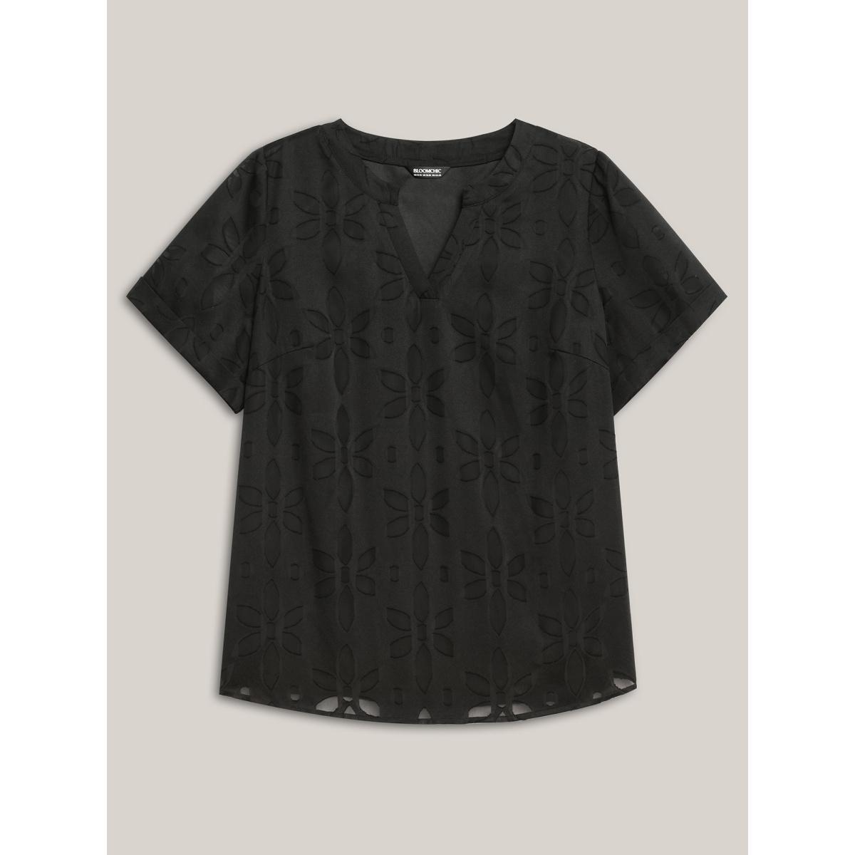 Plus Size Black Floral Cut Print Notched Neck Blouse Women Short sleeve Notched collar Work Blouses BloomChic 26/4X Product Image
