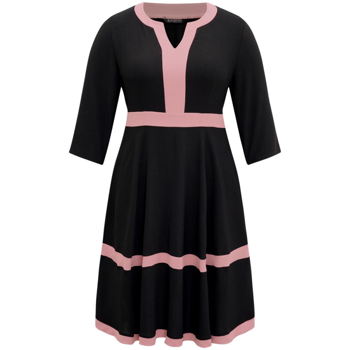 Plus Size Colorblock Contrast Notched Elastic Waist Dress Black Women Casual Contrast Notched collar Elbow-length sleeve Curvy Midi Dress BloomChic 12/L Product Image