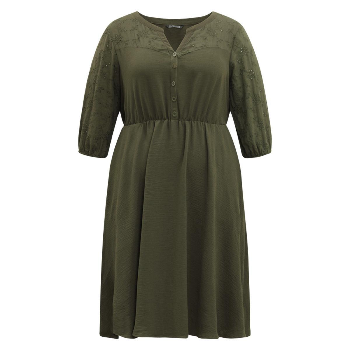 Plus Size Solid Notched Eyelet Patchwork Dress ArmyGreen Women Office Elastic cuffs Notched collar Elbow-length sleeve Curvy Midi Dress BloomChic 14-16/1X Product Image