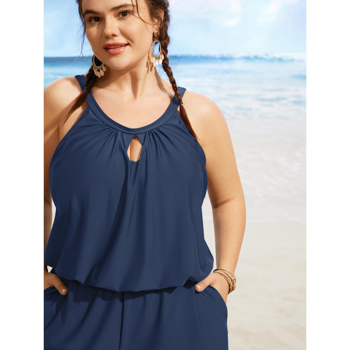 Plus Size Solid Keyhole Elastic Waist Gathered One Piece Swimsuit Women's Swimwear Stone Beach Gathered Curve Bathing Suits High stretch One Pieces BloomChic 14-16/1X Product Image