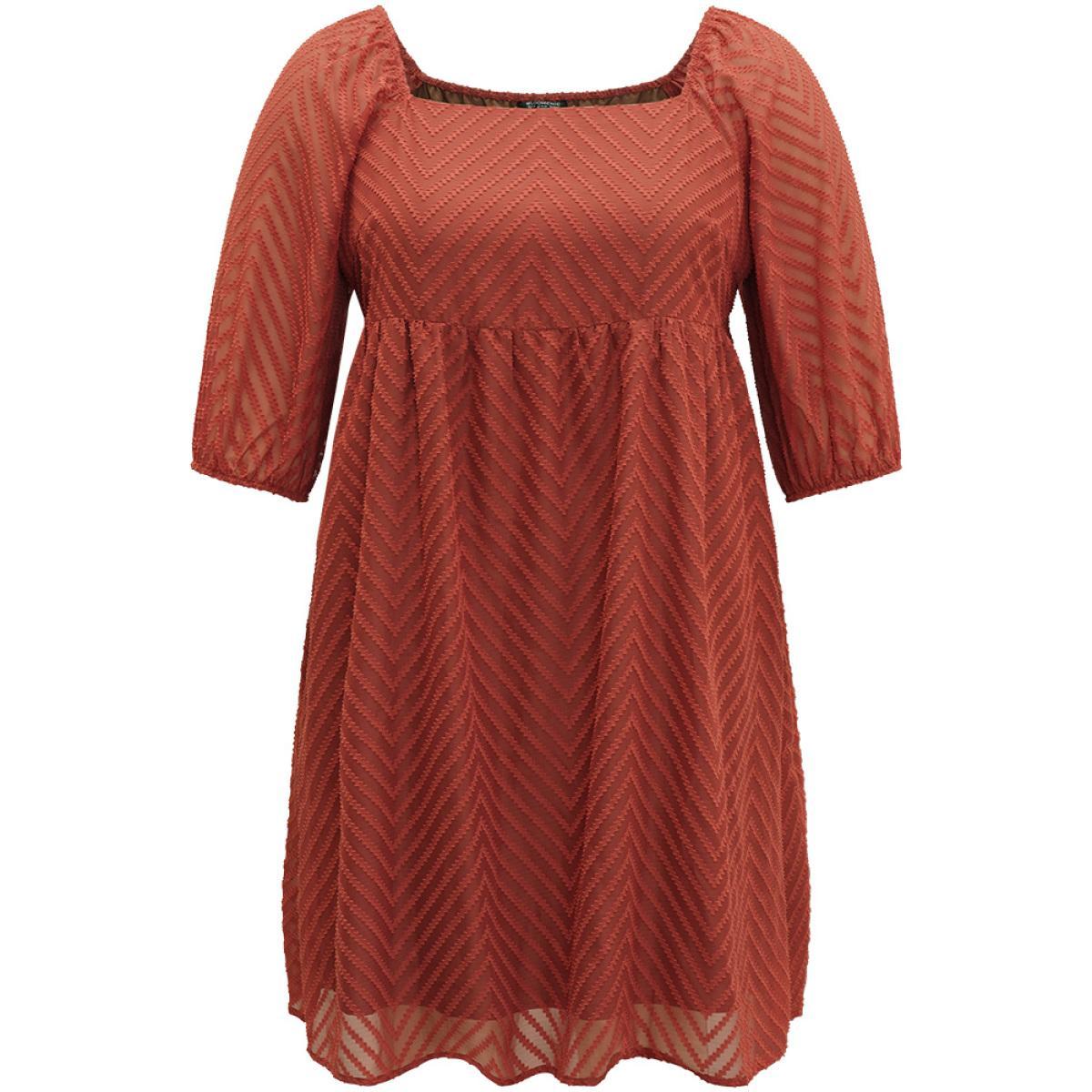 Plus Size Plisse Solid Square Neck Lantern Sleeve Dress Rust Women Office Lined Square Neck Half Sleeve Curvy Midi Dress BloomChic 10/M Product Image