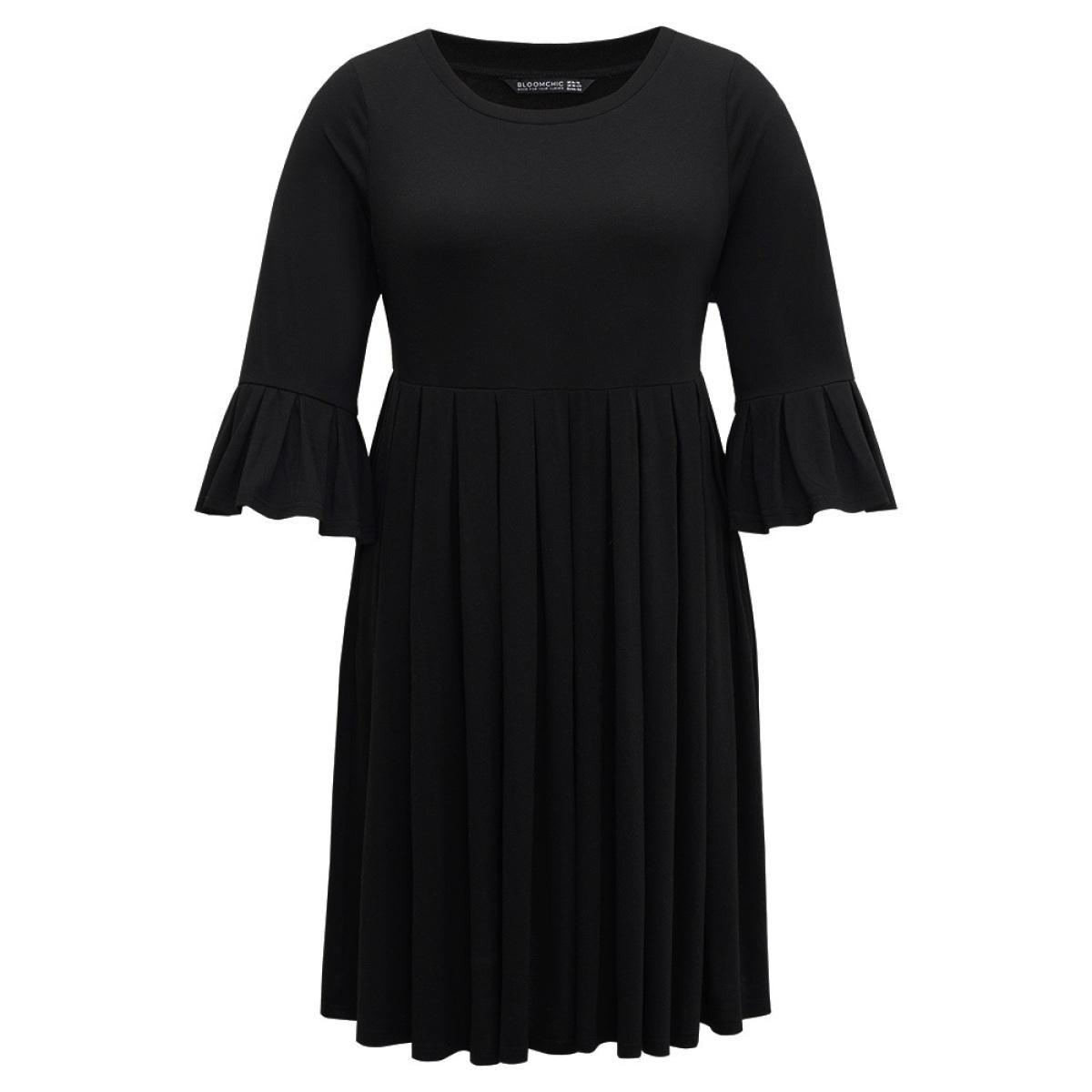 Plus Size Supersoft Essentials Solid Ruffles Pleated Dress Black Women Casual Pleated Round Neck Elbow-length sleeve Curvy Midi Dress BloomChic 12/L Product Image