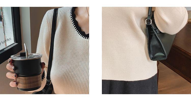 Long Sleeve Round Neck Contrast Trim Knit Top Product Image