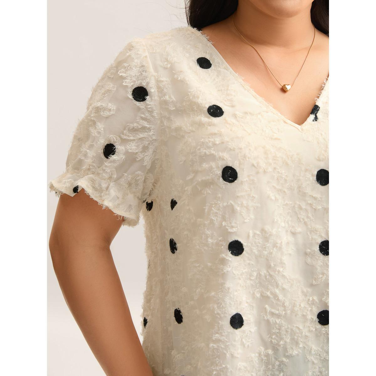 Plus Size Beige Textured Dots V-Neck Puff Sleeve Blouse Women Short sleeve V-neck Everyday-Elegant Blouses BloomChic 18-20/2X Product Image
