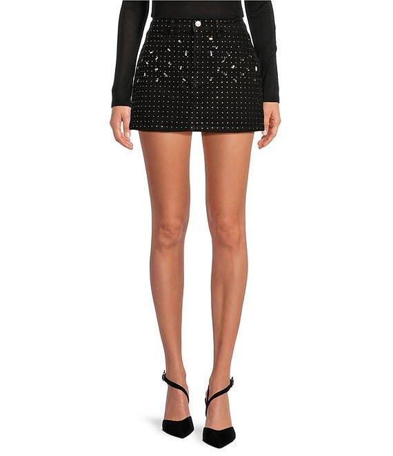 Gianni Bini Ava Faded Black Wash Denim Rhinestone High Rise Front Split Hem Mini Pencil Skirt Product Image