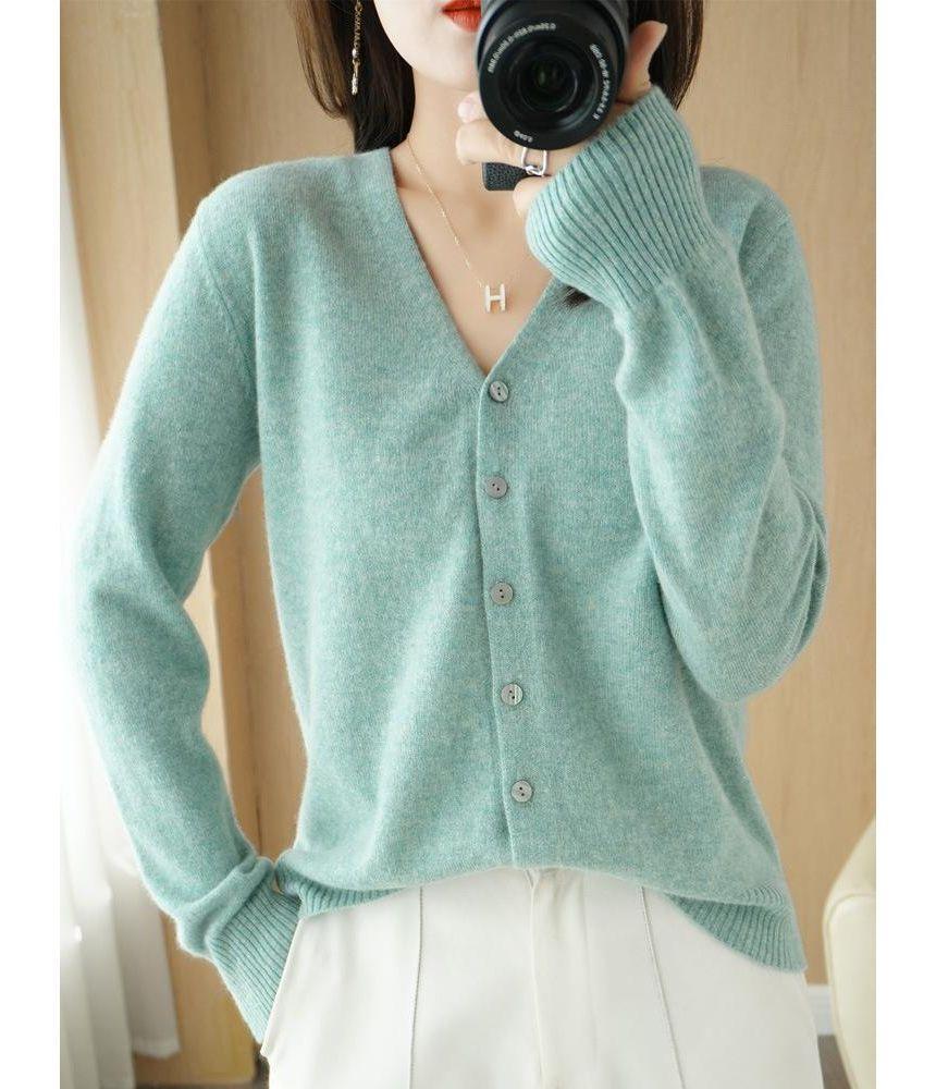 V-Neck Button-Up Plain Cardigan Product Image