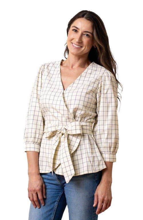 Hope & Henry Women's Puff Sleeve Wrap Top in Ivory And Navy Windowpane at Nordstrom, Size 4 Product Image
