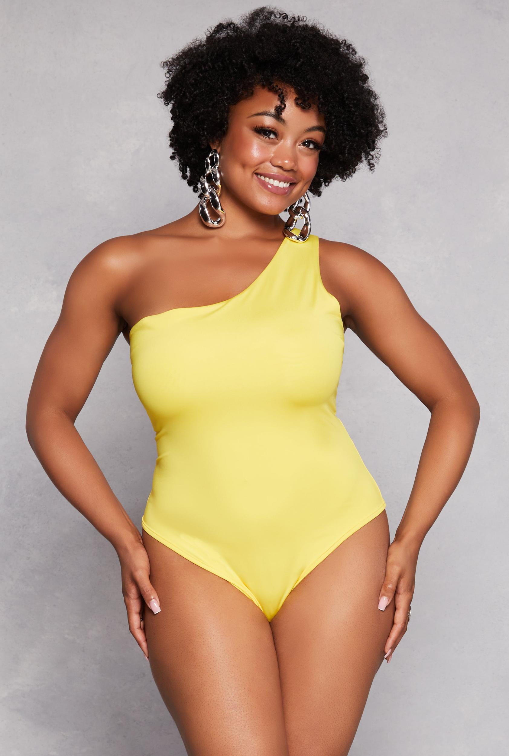 Womens Plus Size Daisy Double Lined One Shoulder Bodysuit Product Image