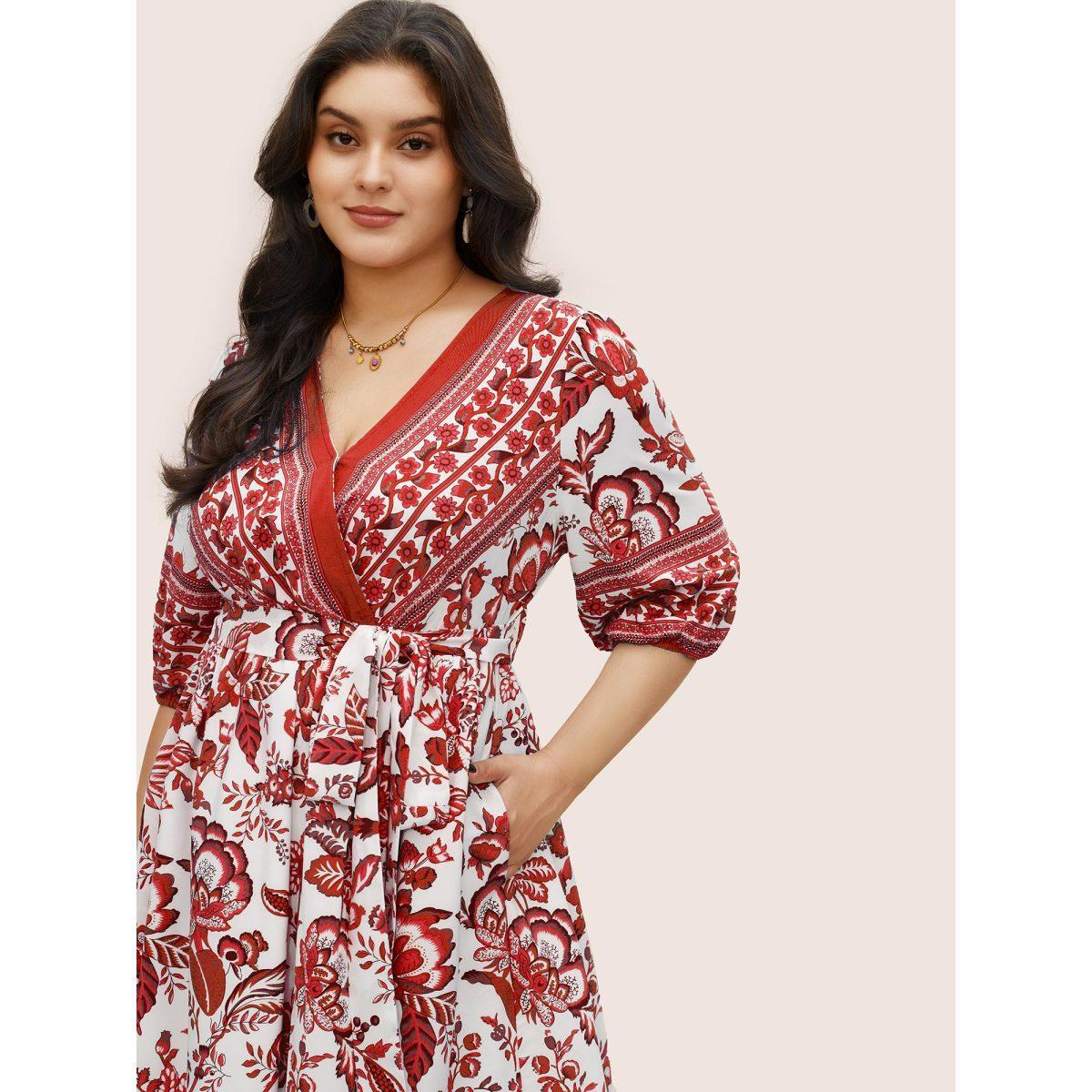 Plus Size Bandana Print Surplice Neck Lantern Sleeve Pocket Belted Midi Dress OrangeRed Women Resort Non V-neck Half Sleeve Curvy Midi Dress BloomChic 14-16/1X Product Image