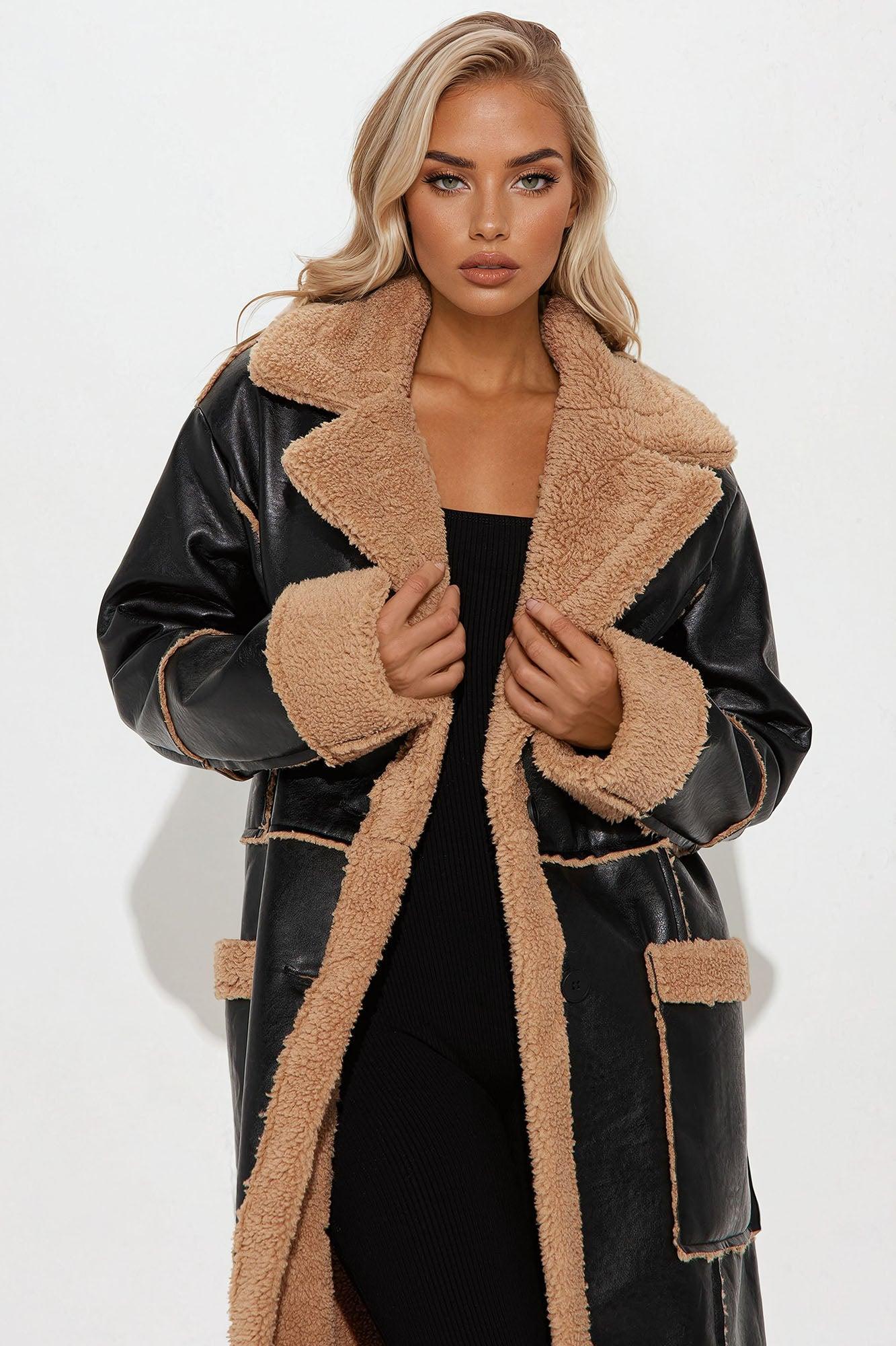 Teddy Noir Faux Leather Trench - Black Product Image