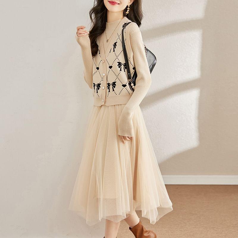 Set: Bow Button Sweater Vest +  Long-Sleeve Mock Neck Plain  Midi A-Line  Dress Product Image