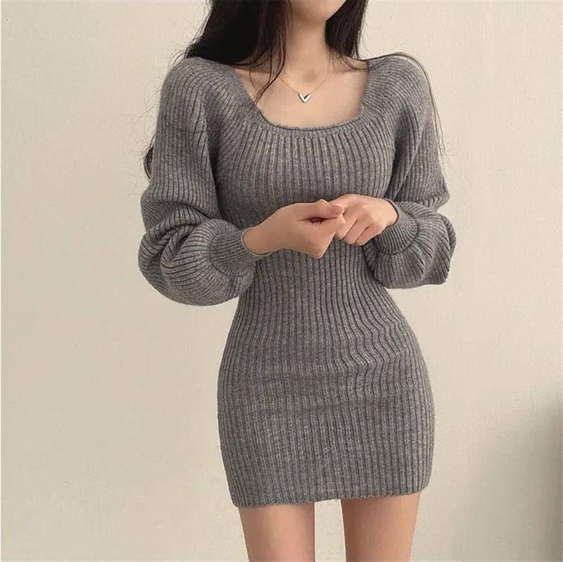 Square Neck Plain Mini Sheath Sweater Dress Product Image