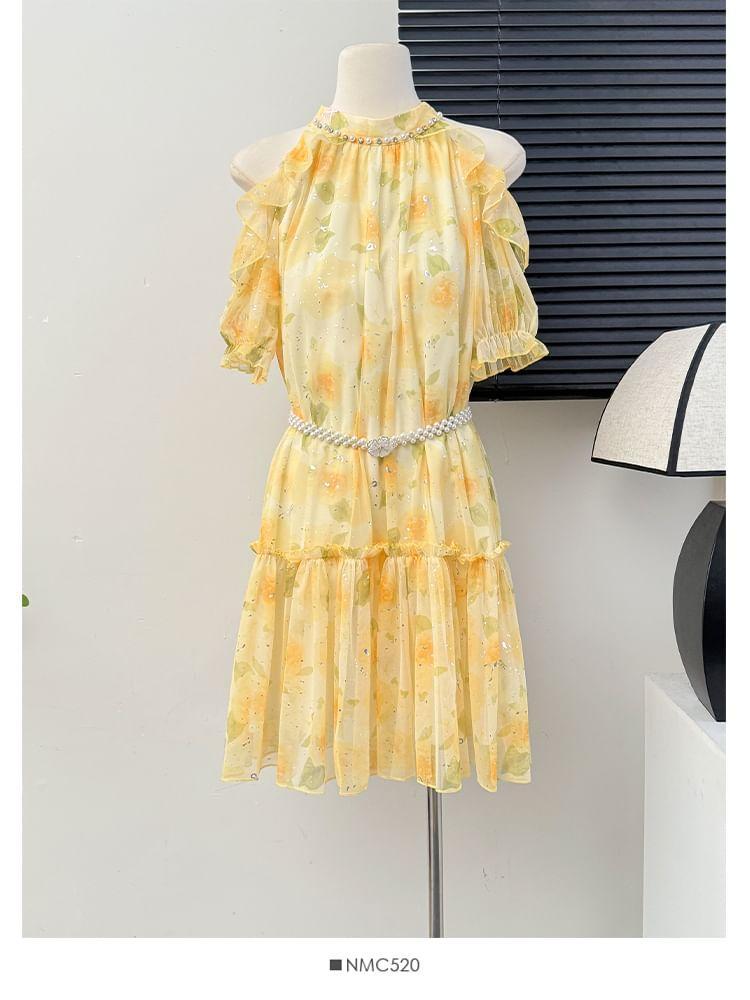 Cutout-Shoulder Floral-Print A-Line Dress in 6 Colors Product Image