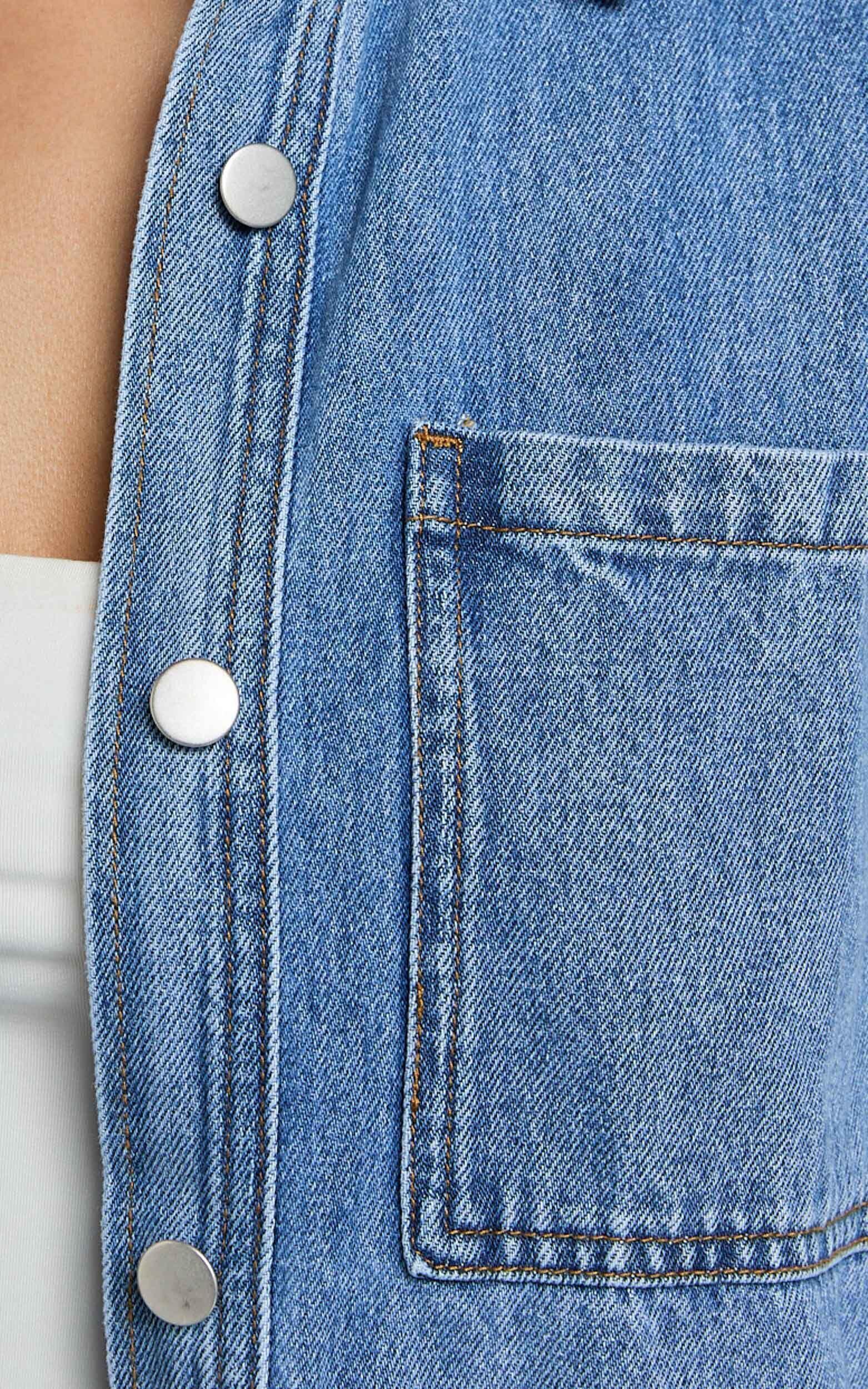 Rhianna Top - Oversized Recycled Denim Short Sleeve Shirt in Mid Blue Wash Product Image