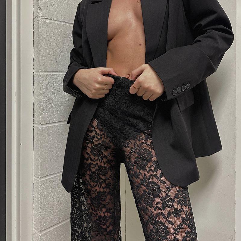Mid Rise Floral Lace Straight Leg Pants Product Image