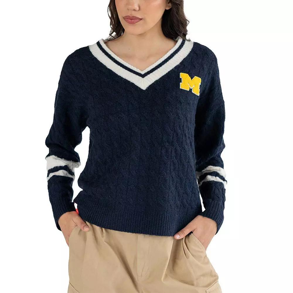 Women's Lusso Navy Michigan Wolverines Stella Cable Knit V-Neck Pullover Sweater, Size: Medium, Blue Product Image