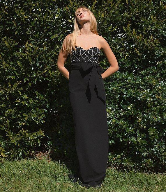 Mac Duggal Strapless Rhinestone Trim Bow Front Crepe Column Gown Product Image