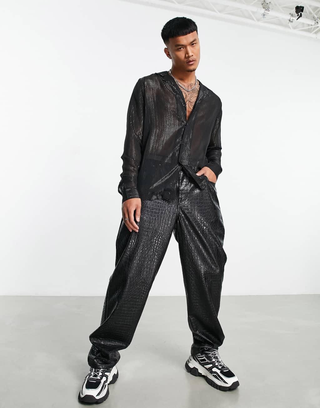 ASOS DESIGN regular shirt in black sheer with gold stripe Product Image