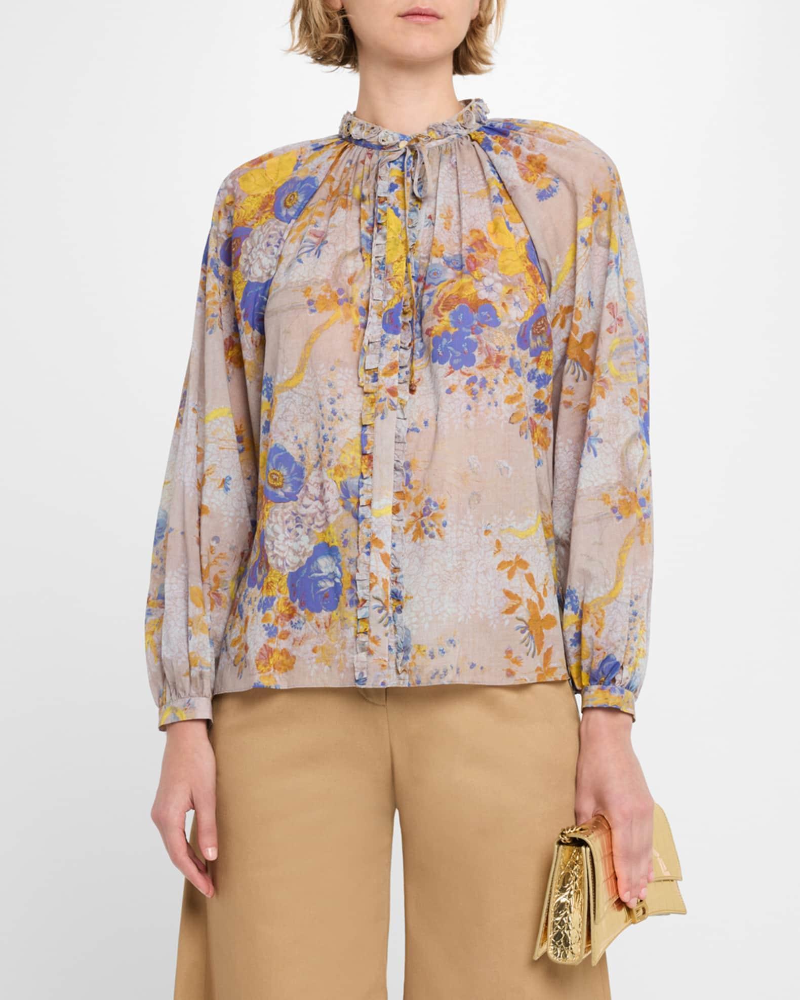 Janice Ruffled Tie-Neck Floral Cotton Blouse Product Image