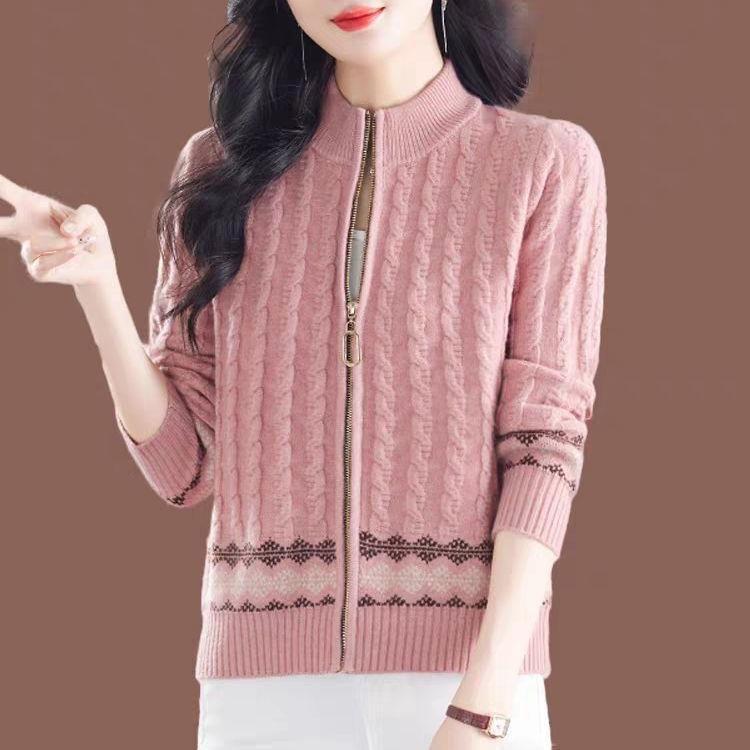 Stand Collar Patterned Zip Cable Knit Cardigan Product Image