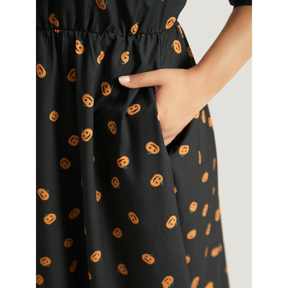Plus Size Halloween Pumpkin Print Pocket Elastic Waist Dress Black Women Elegant Gathered V-neck Half Sleeve Curvy Midi Dress BloomChic 18-20/2X Product Image