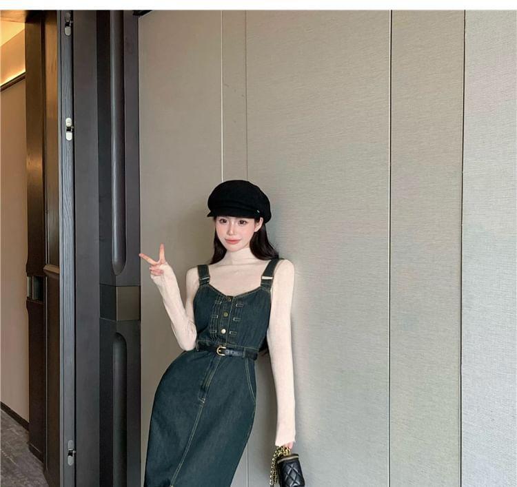 Washed Denim Buttoned Maxi Overall Dress Product Image