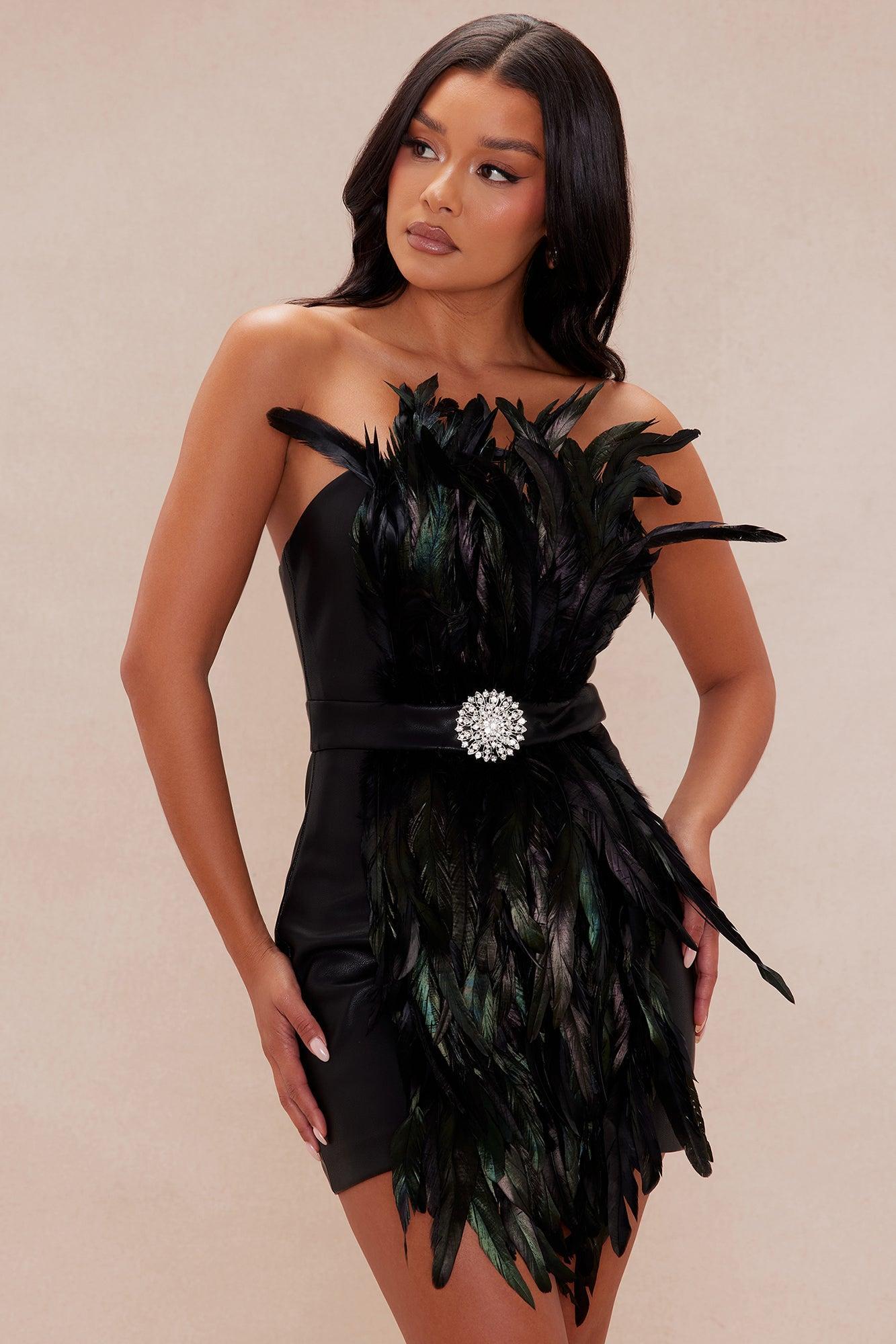 Maura Faux Leather Feather Mini Dress - Black Product Image