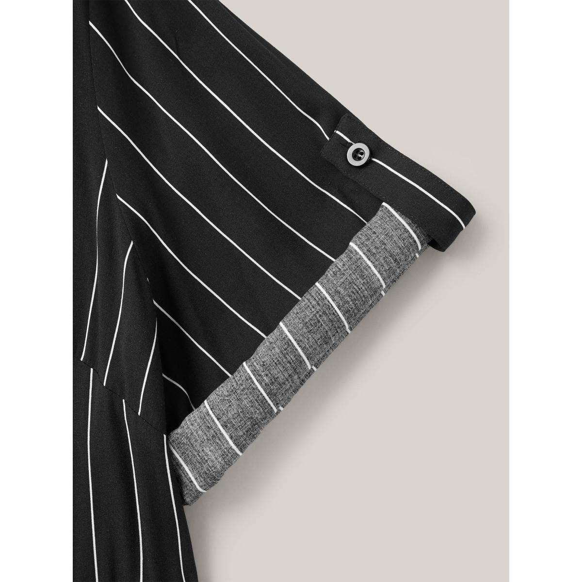 Plus Size Black Striped Waist-Tie Pockets Blouse Women At the Office Elbow-length sleeve Notched collar Work Blouses BloomChic 30/6X Product Image