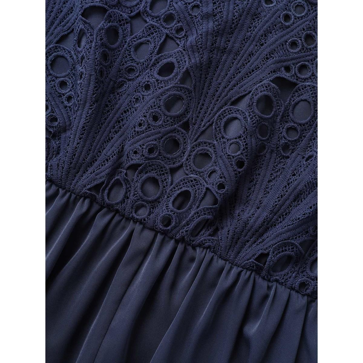 Plus Size Round Neck Lace Patchwork Ruffle Sleeve Dress DarkBlue Women Elegant Woven ribbon&lace trim Round Neck Short sleeve Curvy BloomChic 10/M Product Image