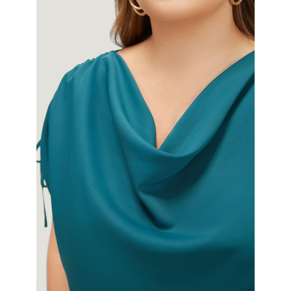 Plus Size Aegean Solid Cowl Neck Drawstring Sleeve Blouse Women Office Short sleeve Cowl Neck Work Blouses BloomChic 28/5X Product Image