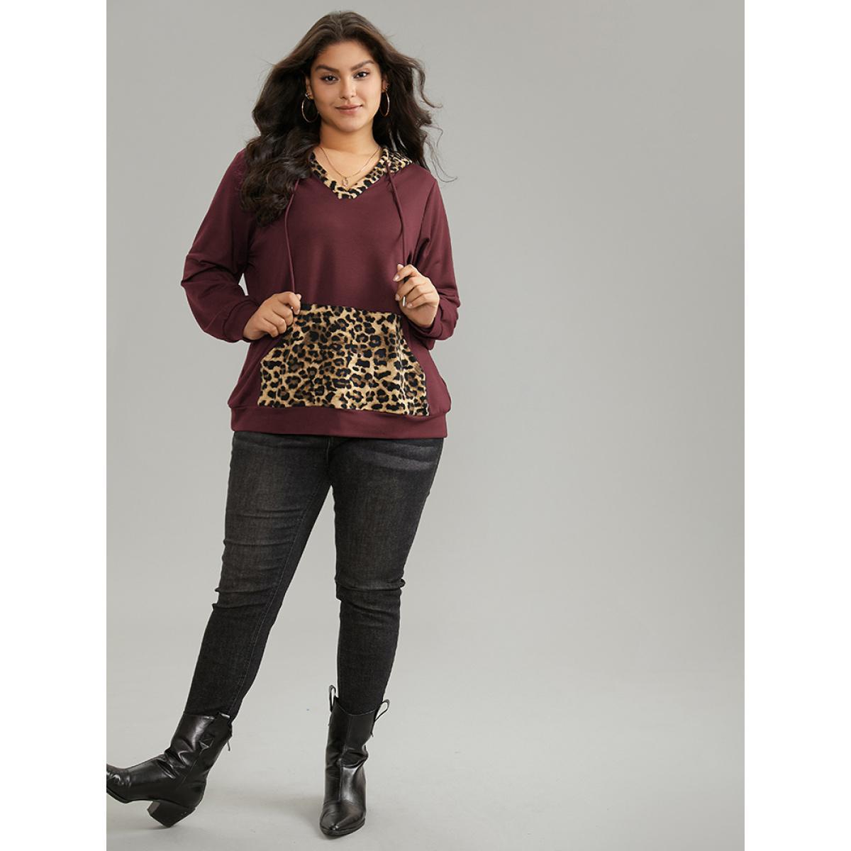 Plus Size Leopard Patchwork Kangaroo Pocket Hooded Sweatshirt Women Burgundy Casual Contrast Hooded Dailywear Sweatshirts BloomChic 22-24/3X Product Image