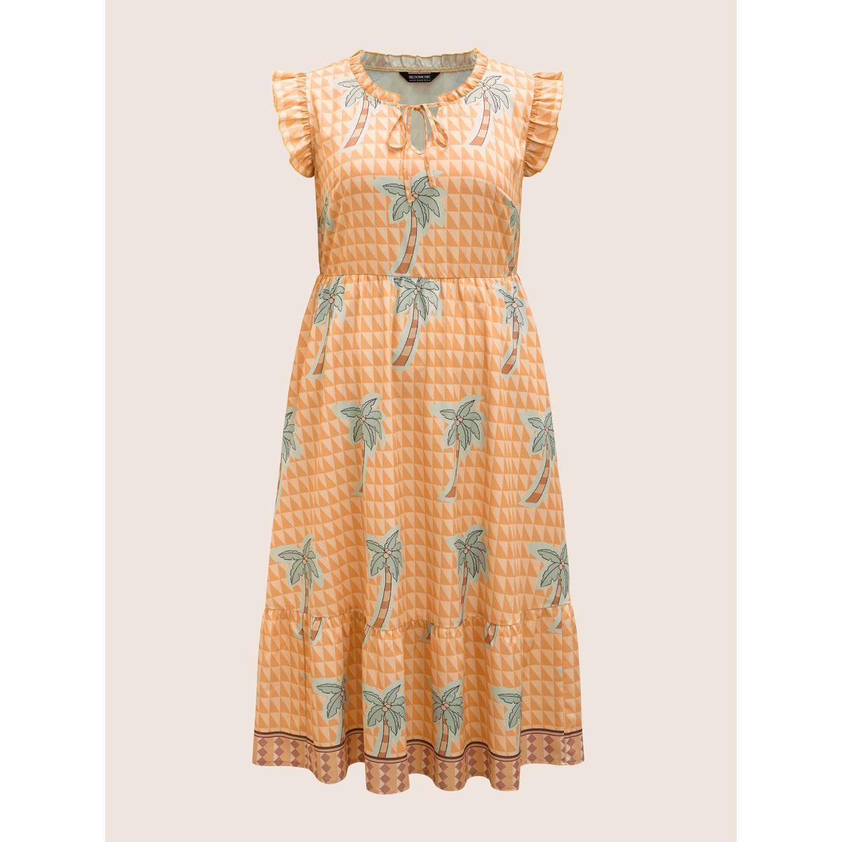 Plus Size Tropical Print Tie Knot Ruffle Cap Sleeve Dress Lightorange Women Resort Tie knot Round Neck Cap Sleeve Curvy BloomChic 30/6X Product Image