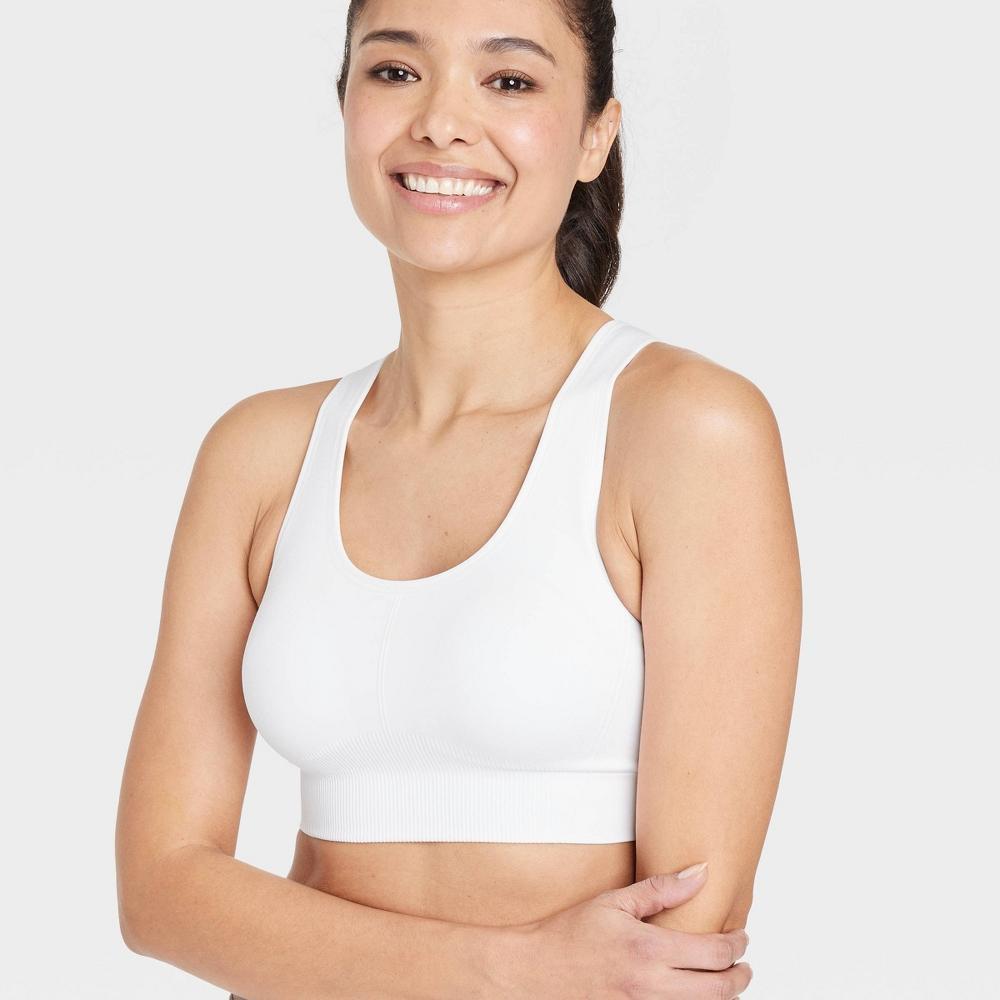 Womens Seamless Medium Support Racerback Midline Sports Bra - All In Motion White S: Removable Padding, Knit Product Image